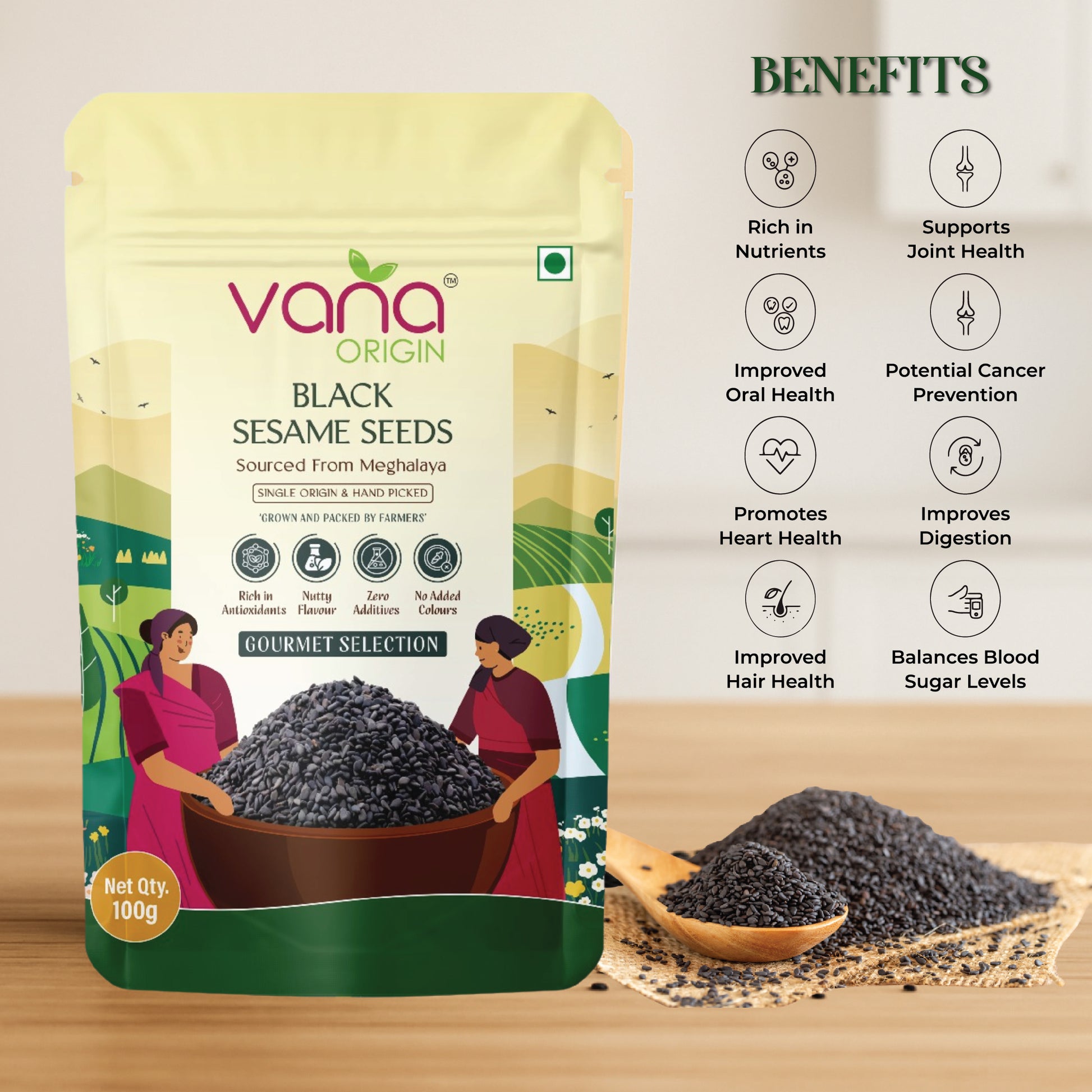 Vana Origin black sesame seeds packaging with real health benefits. 