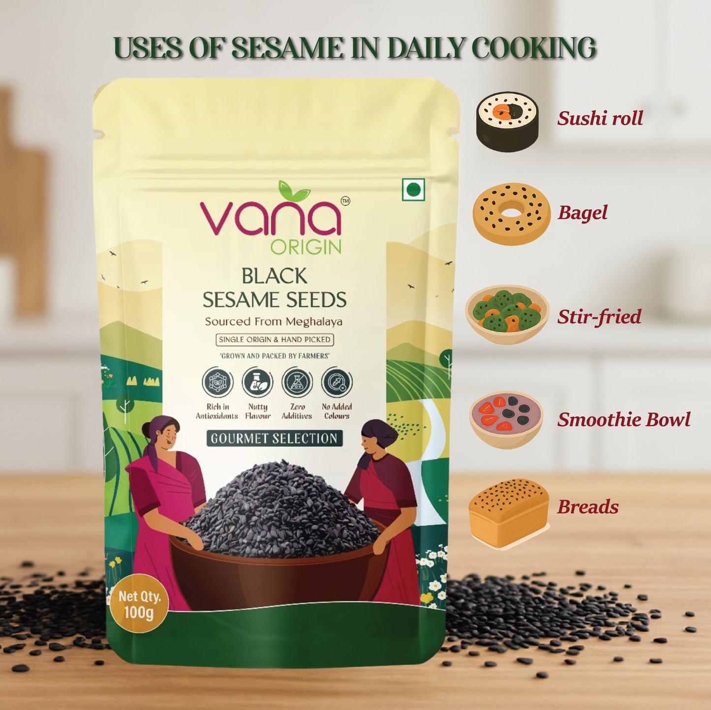 Vana Origin black sesame seeds used for eating