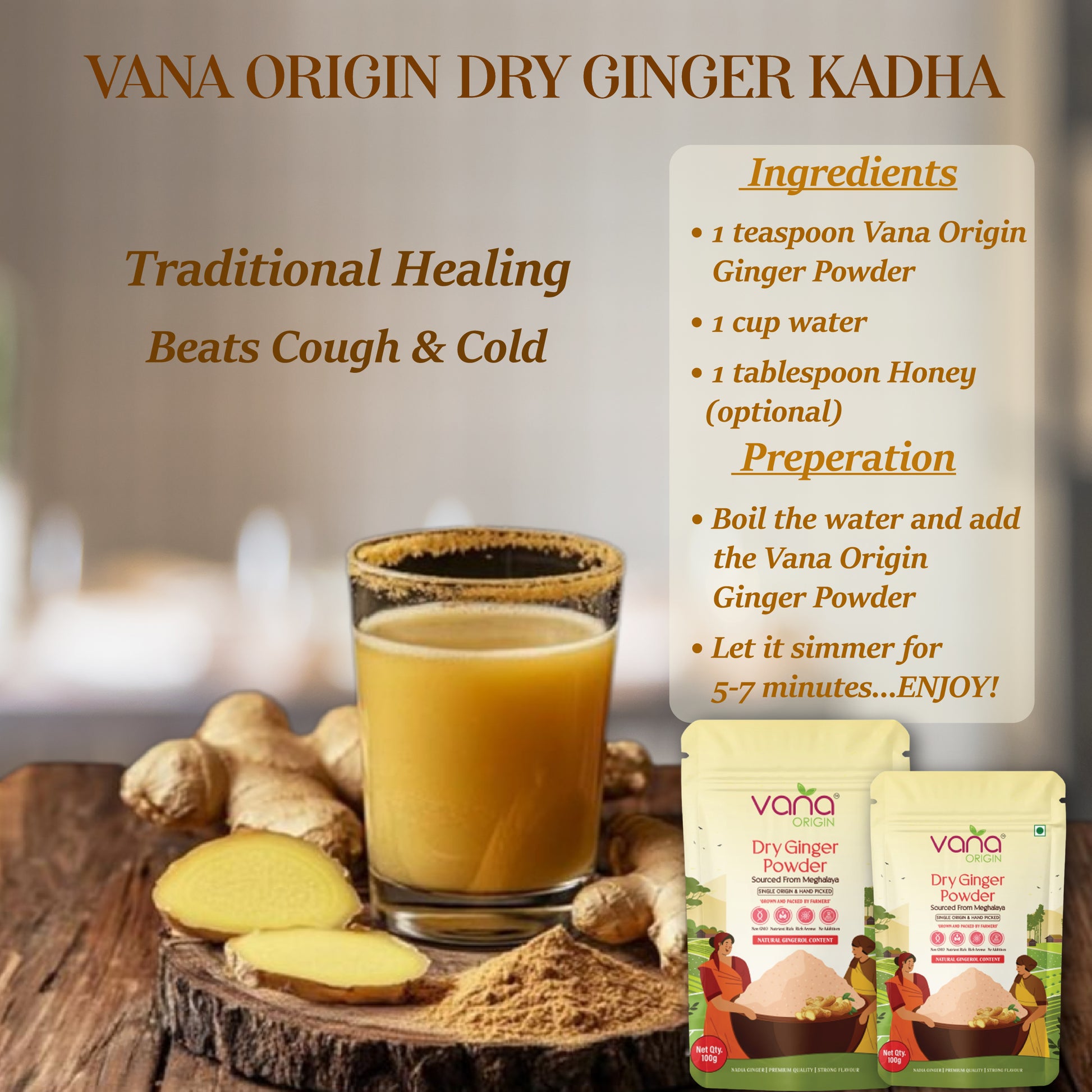 Vana Origin Dry Ginger Kadha with ingredients and preparation details