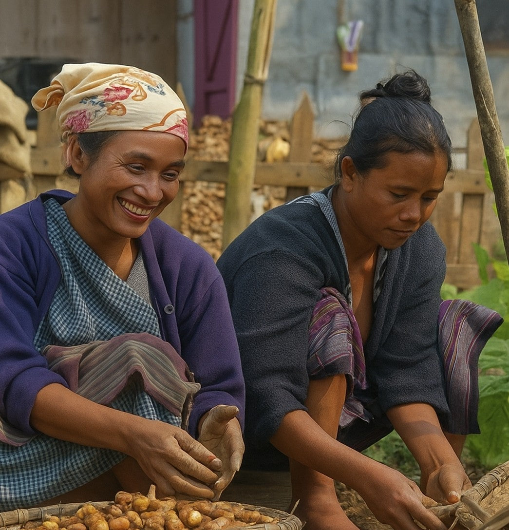 Two women working together in a garden or farm setting.