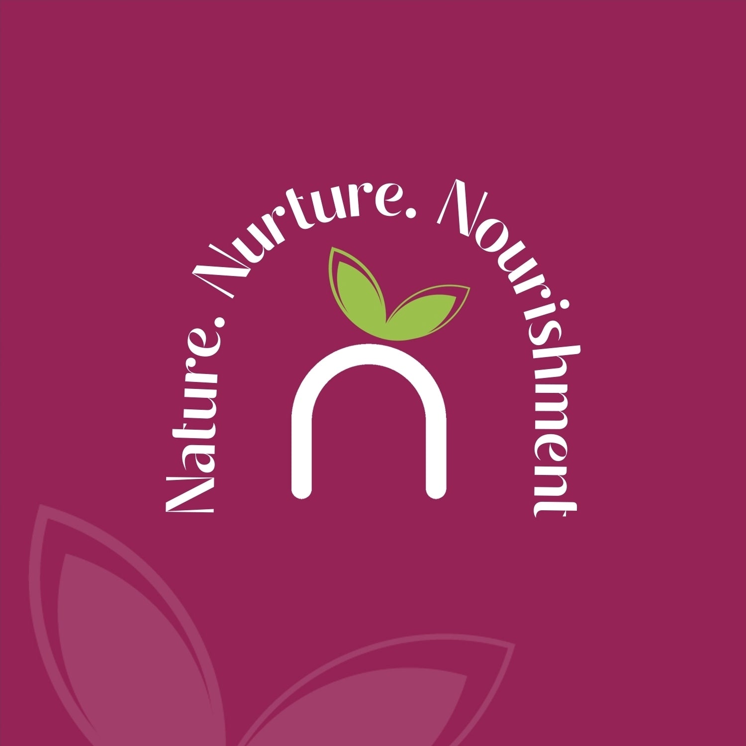 Logo with 'Nature. Nurture. Nourishment' text and a green leaf on a pink background.